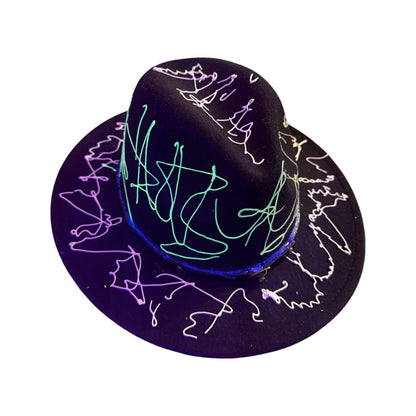 Hand-Painted Rave Fedora: Black Abstract UV Reactive Wearable Art