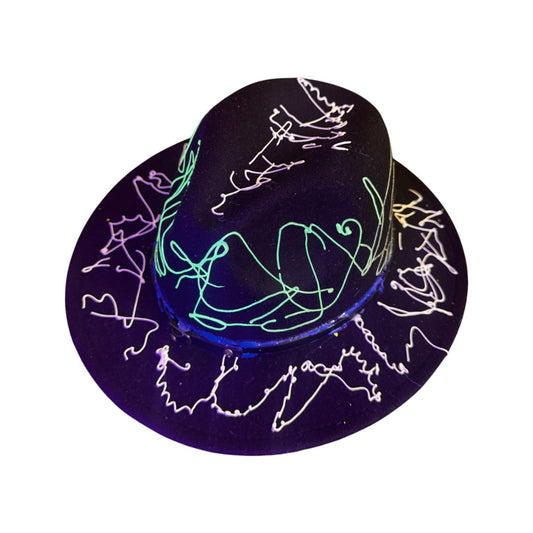 Hand-Painted Rave Fedora: Black Abstract UV Reactive Wearable Art