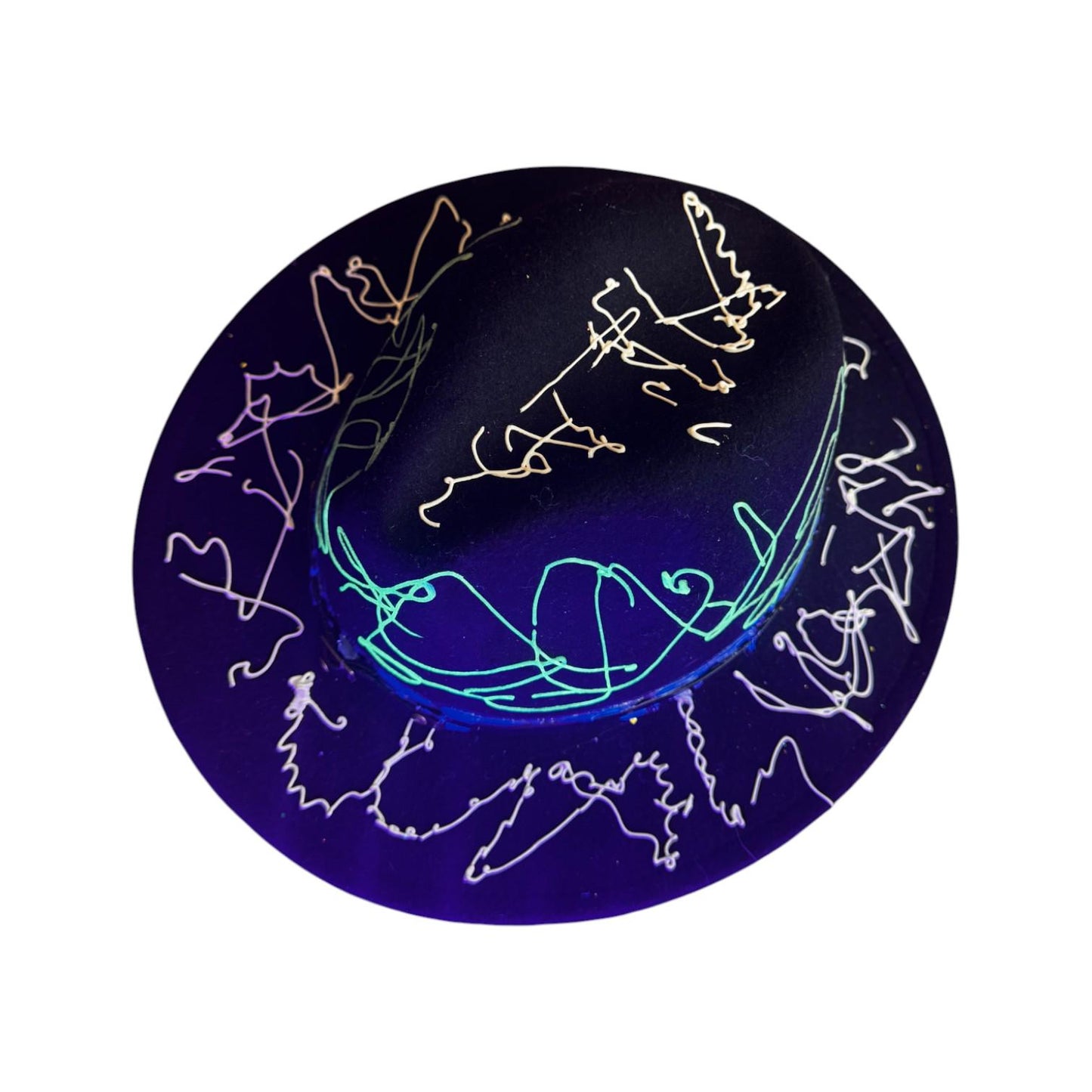 Hand-Painted Rave Fedora: Black Abstract UV Reactive Wearable Art