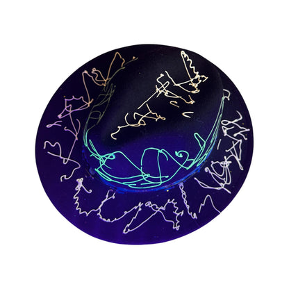 Hand-Painted Rave Fedora: Black Abstract UV Reactive Wearable Art