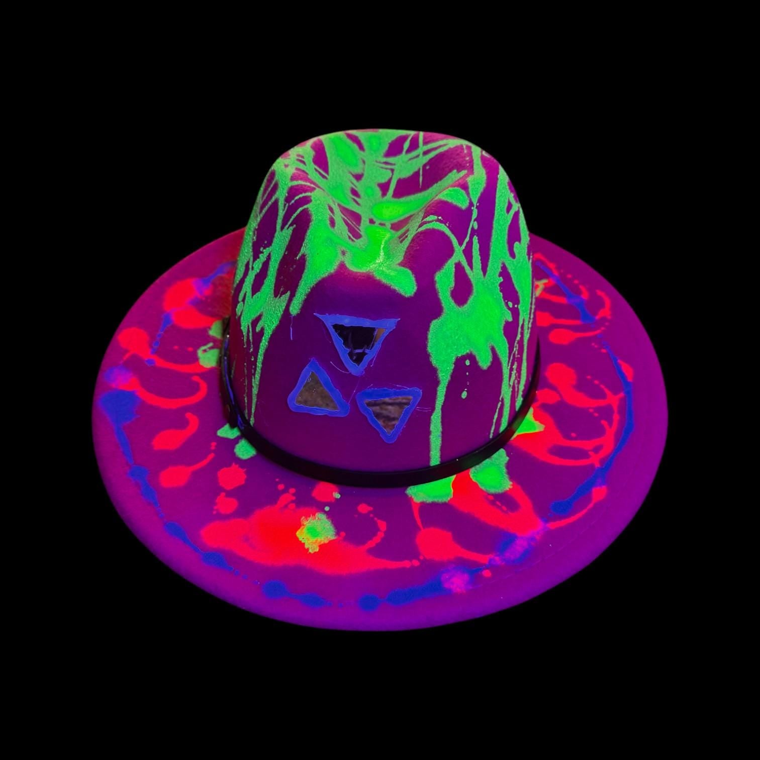 Hand-Painted Neon Rave Hat: UV Glow Psychedelic Drip Art
