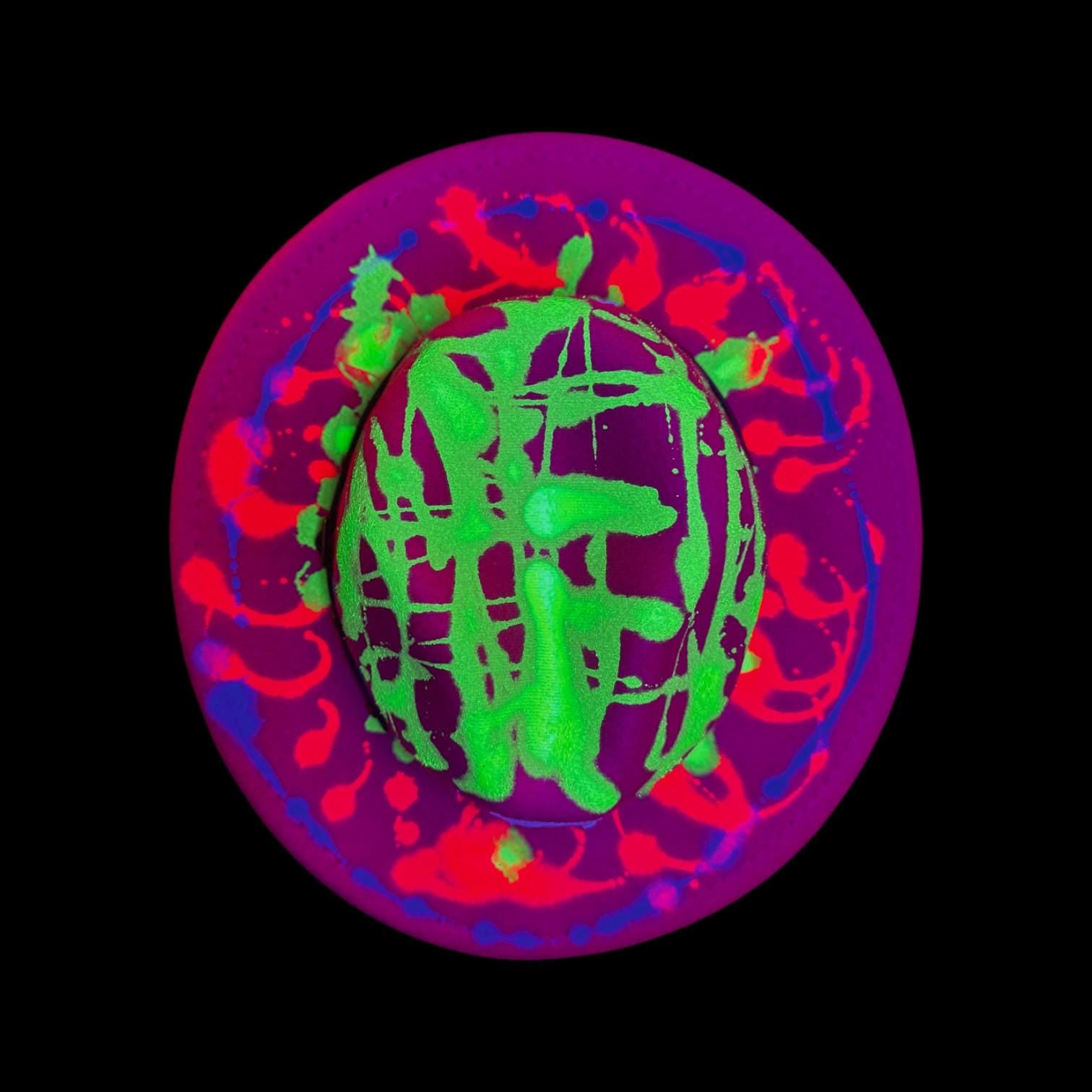 Hand-Painted Neon Rave Hat: UV Glow Psychedelic Drip Art