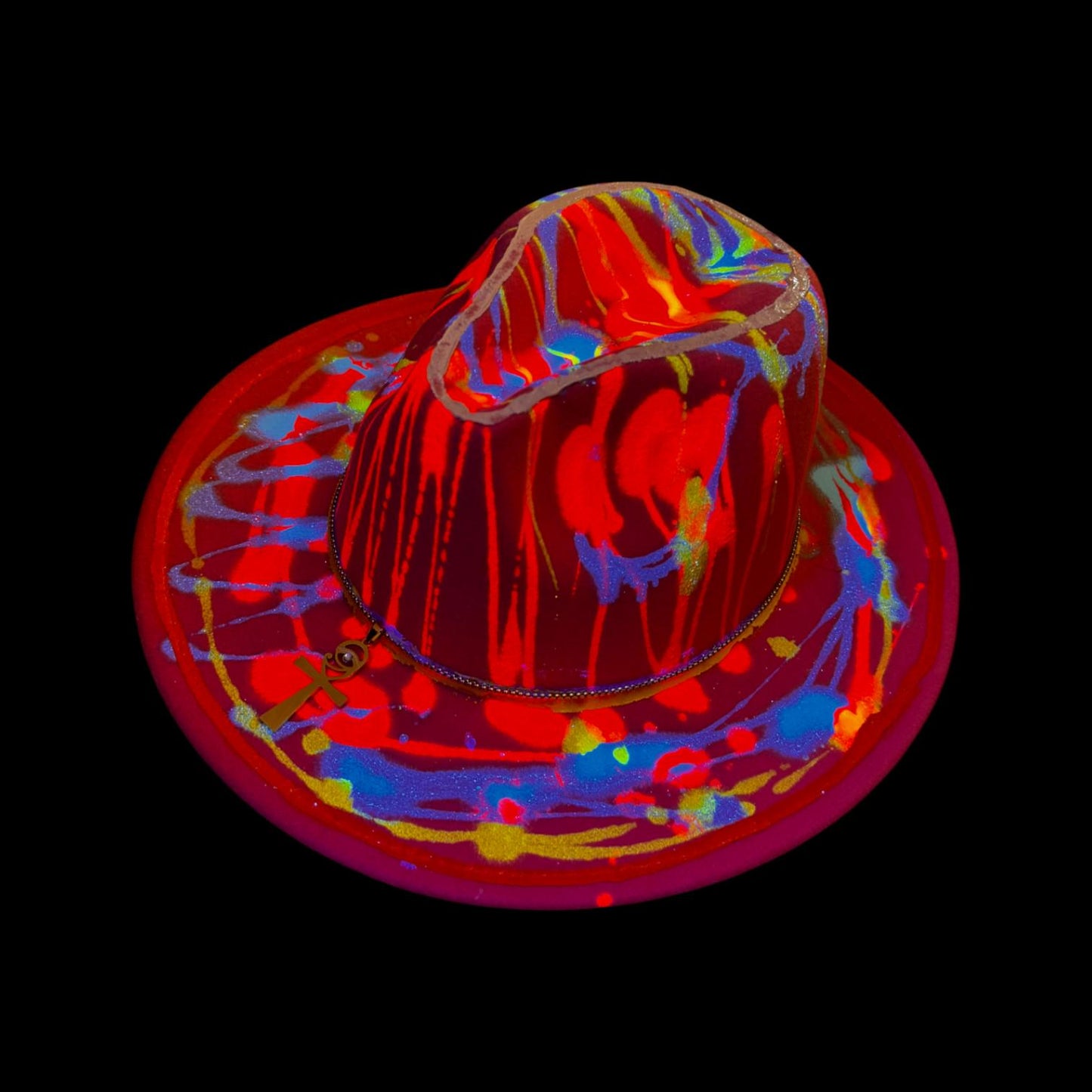 Hand-Painted Rave Hat: Neon UV Glow, Gold Ankh, Burning Man Fashion