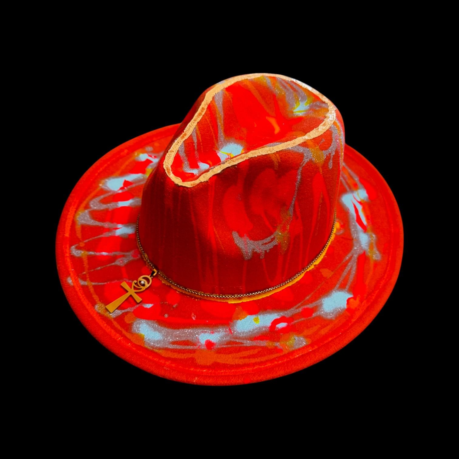 Hand-Painted Rave Hat: Neon UV Glow, Gold Ankh, Burning Man Fashion