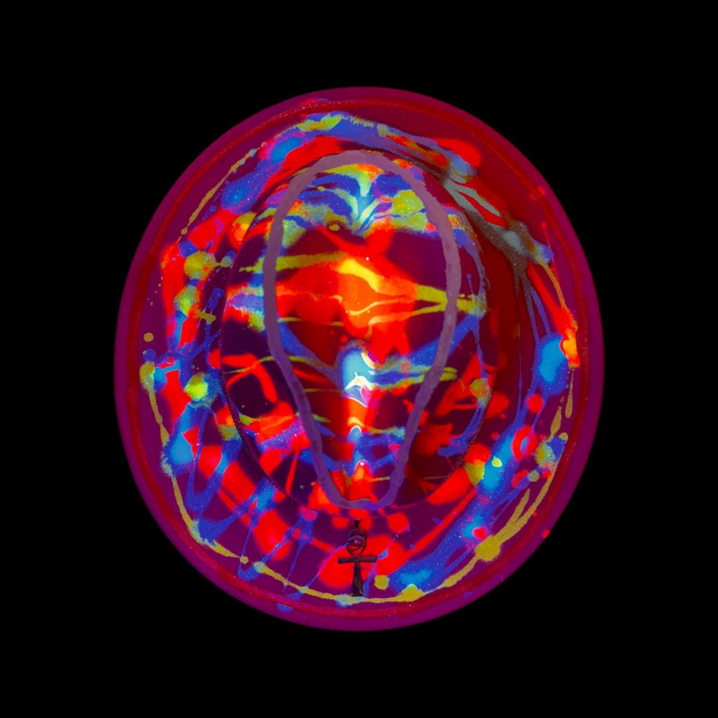 Hand-Painted Rave Hat: Neon UV Glow, Gold Ankh, Burning Man Fashion