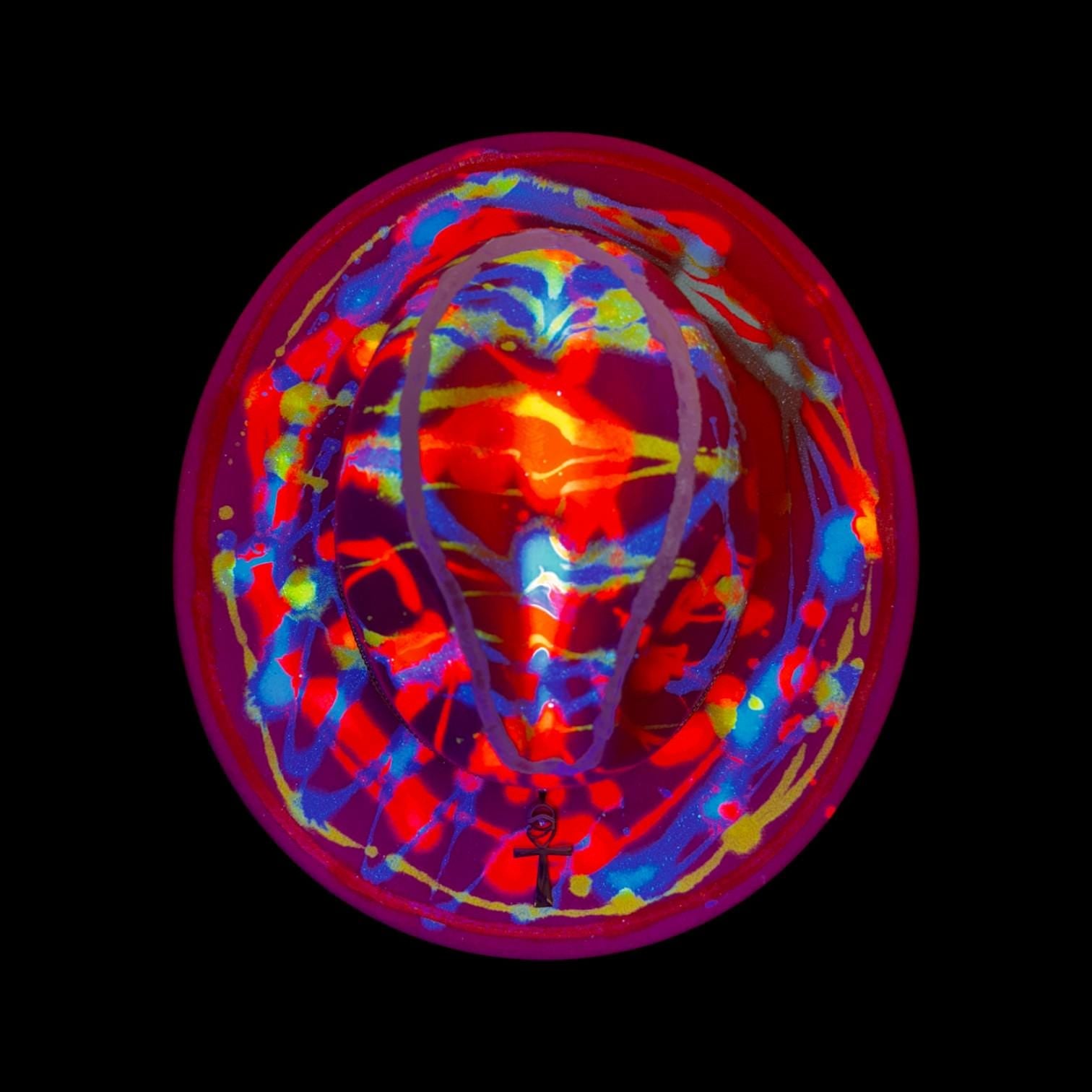 Hand-Painted Rave Hat: Neon UV Glow, Gold Ankh, Burning Man Fashion