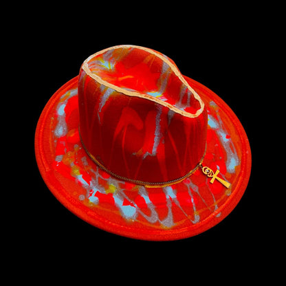 Hand-Painted Rave Hat: Neon UV Glow, Gold Ankh, Burning Man Fashion