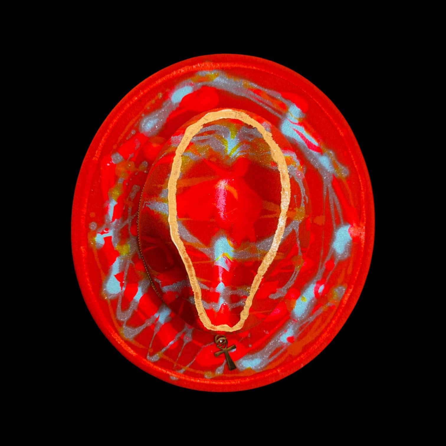 Hand-Painted Rave Hat: Neon UV Glow, Gold Ankh, Burning Man Fashion