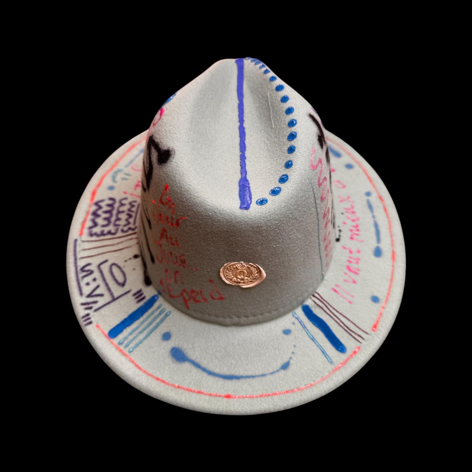Hand-Painted Graffiti Fedora: UV-Reactive Art, French Quotes - Qreine