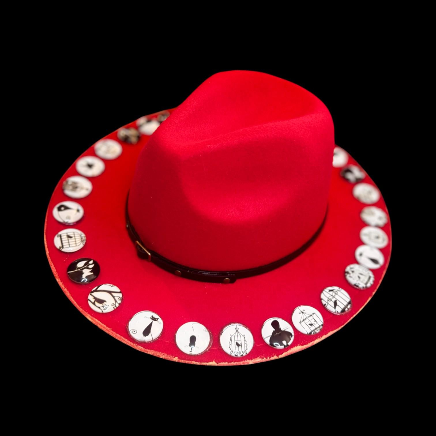 Hand-Painted Red Festival Hat: Unique Graphic Buttons, Adjustable Fit (Size 57)