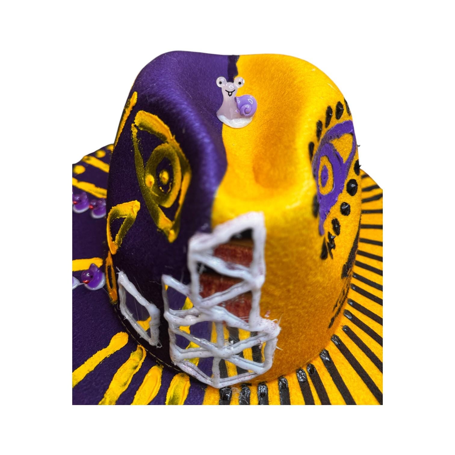 Hand-Painted Festival Hat: Surreal Eyes, Snail, Tribal Motifs - Size 57