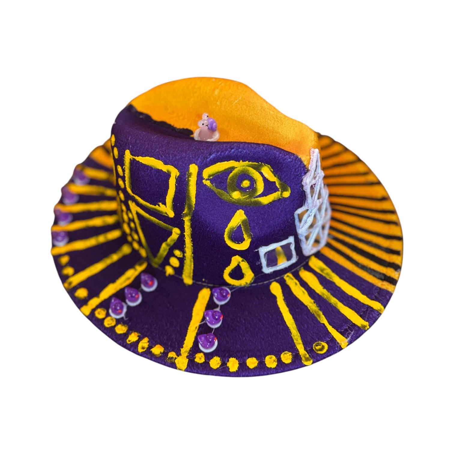 Hand-Painted Festival Hat: Surreal Eyes, Snail, Tribal Motifs - Size 57