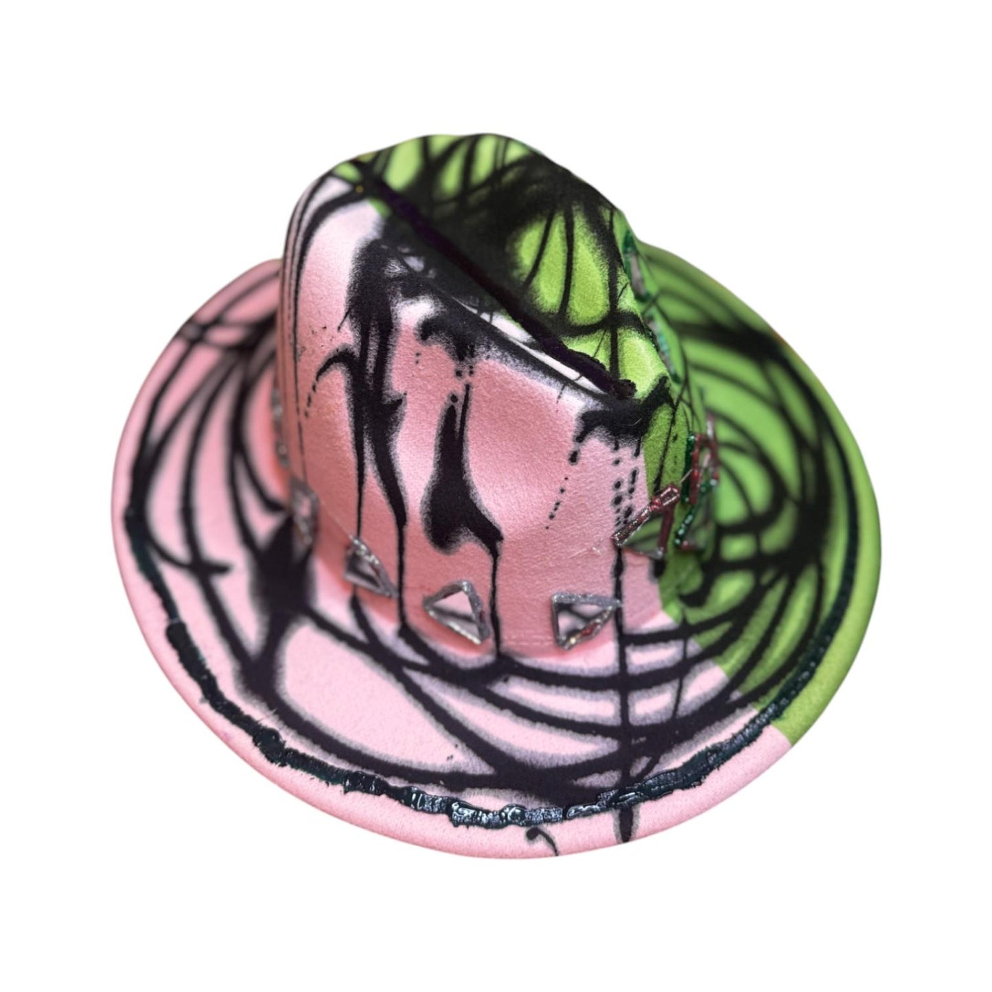 Hand-Painted Festival Hat: Green & Pink Abstract Art, Mirror Accents