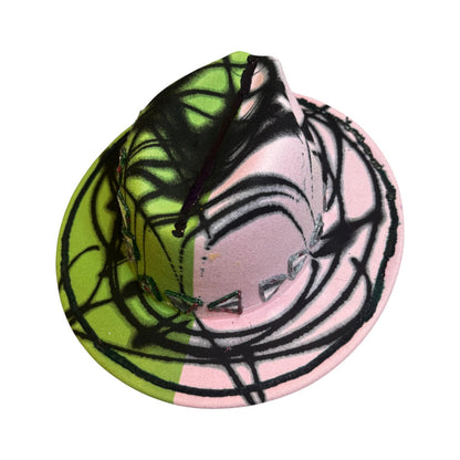 Hand-Painted Festival Hat: Green & Pink Abstract Art, Mirror Accents