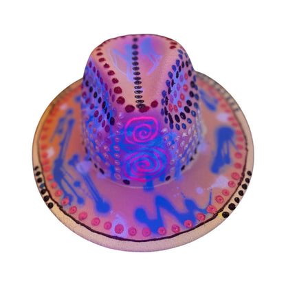 Hand-Painted UV Reactive Festival Hat: Neon Spirals, Dots, Blue Glow