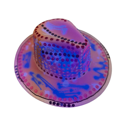 Hand-Painted UV Reactive Festival Hat: Neon Spirals, Dots, Blue Glow