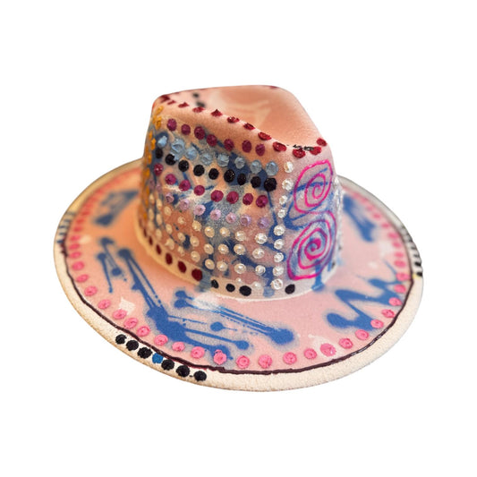 Hand-Painted UV Reactive Festival Hat: Neon Spirals, Dots, Blue Glow