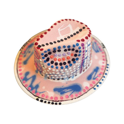 Hand-Painted UV Reactive Festival Hat: Neon Spirals, Dots, Blue Glow