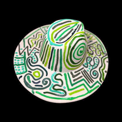 Hand-Painted Burning Man Hat: Tribal Eye Art, White & Green Festival Wear