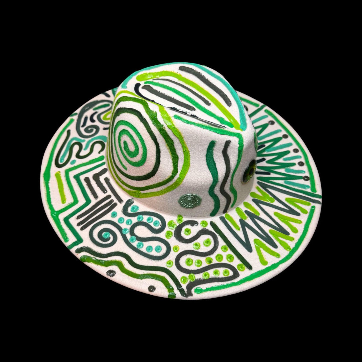 Hand-Painted Burning Man Hat: Tribal Eye Art, White & Green Festival Wear