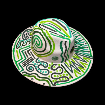 Hand-Painted Burning Man Hat: Tribal Eye Art, White & Green Festival Wear