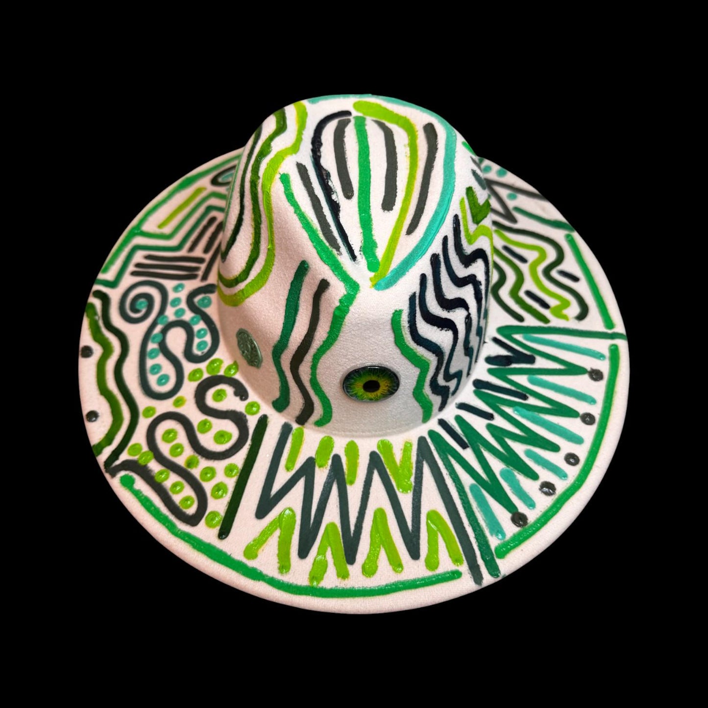 Hand-Painted Burning Man Hat: Tribal Eye Art, White & Green Festival Wear