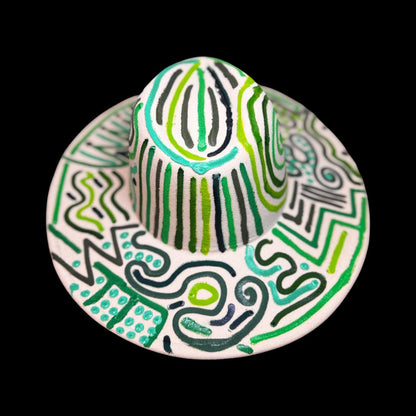 Hand-Painted Burning Man Hat: Tribal Eye Art, White & Green Festival Wear