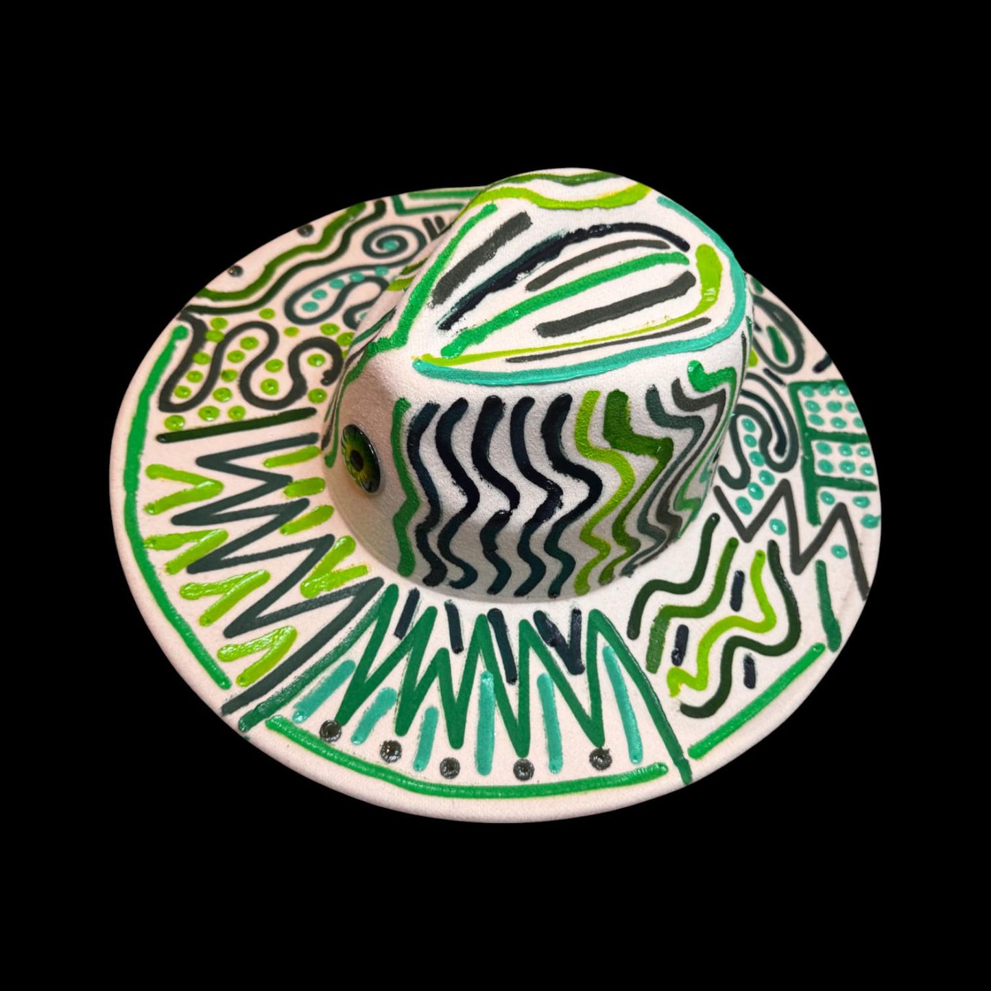 Hand-Painted Burning Man Hat: Tribal Eye Art, White & Green Festival Wear
