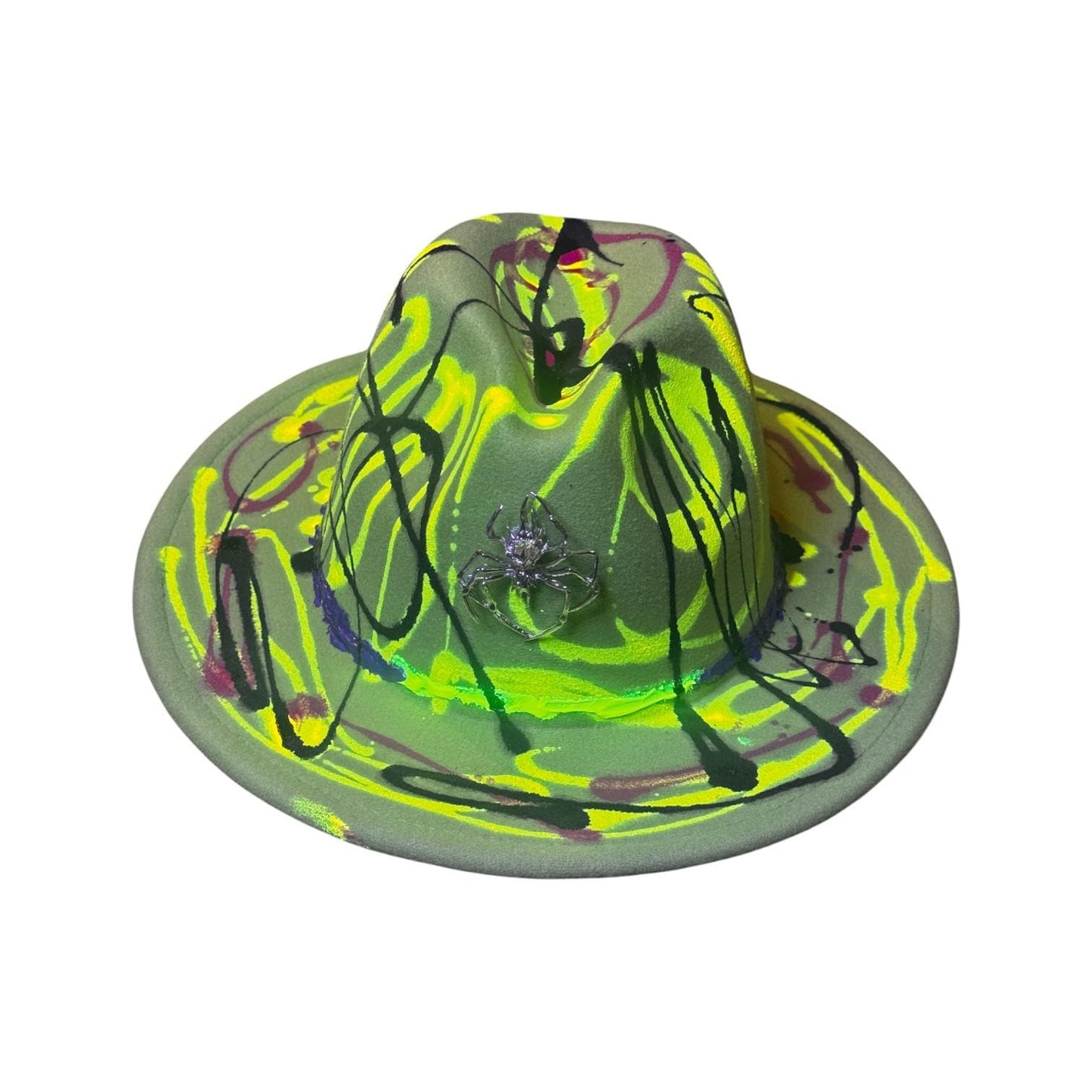 Hand-Painted Neon Fedora Hat: Glow-in-Dark Spider Brooch, Medium