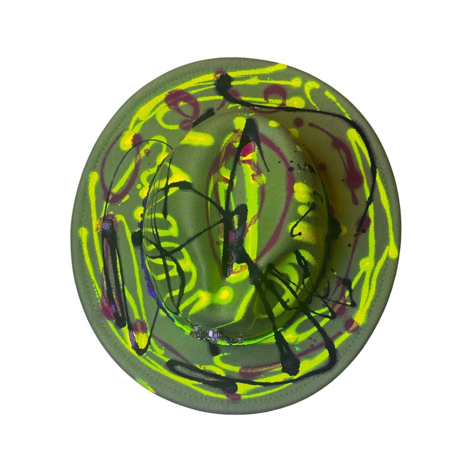 Hand-Painted Neon Fedora Hat: Glow-in-Dark Spider Brooch, Medium