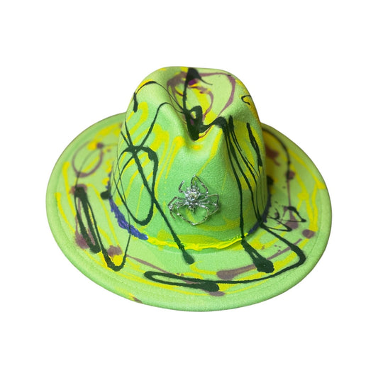 Hand-Painted Neon Fedora Hat: Glow-in-Dark Spider Brooch, Medium