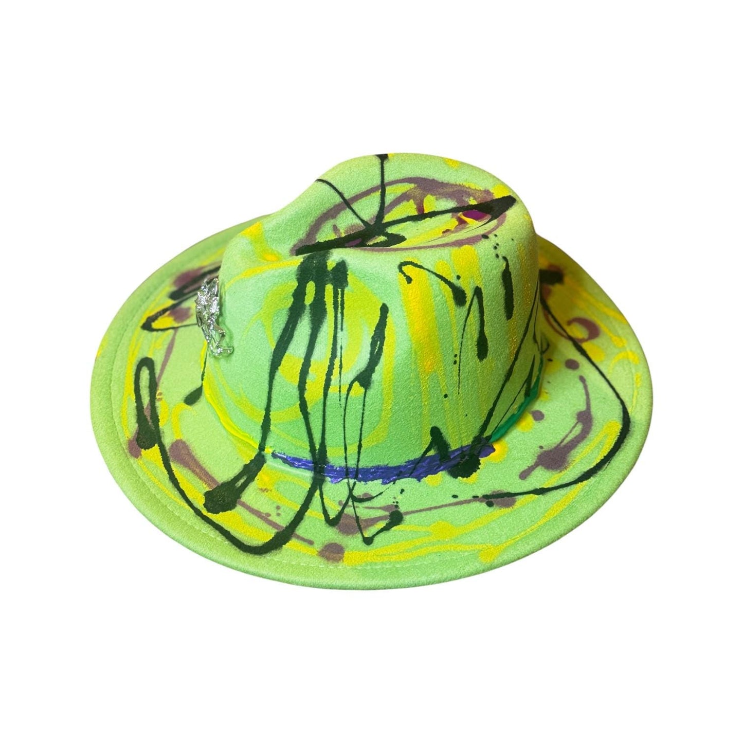 Hand-Painted Neon Fedora Hat: Glow-in-Dark Spider Brooch, Medium