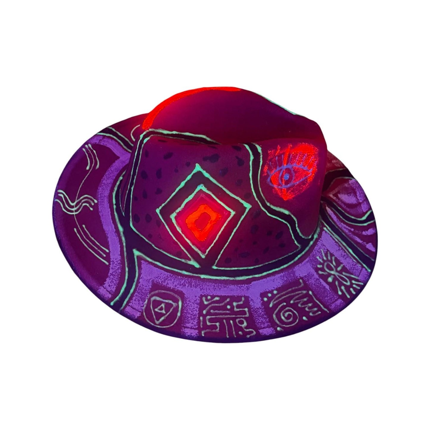 Hand-Painted UV Fedora Hat: Neon Rave Hat with Esoteric Symbols
