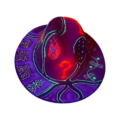Hand-Painted UV Fedora Hat: Neon Rave Hat with Esoteric Symbols