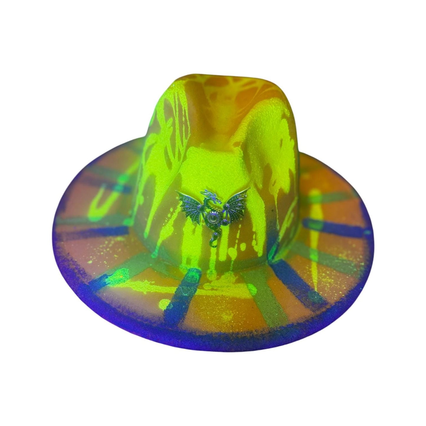 UV Glow Dragon Fedora: Hand-Painted Festival Hat with Brooch Large Brim