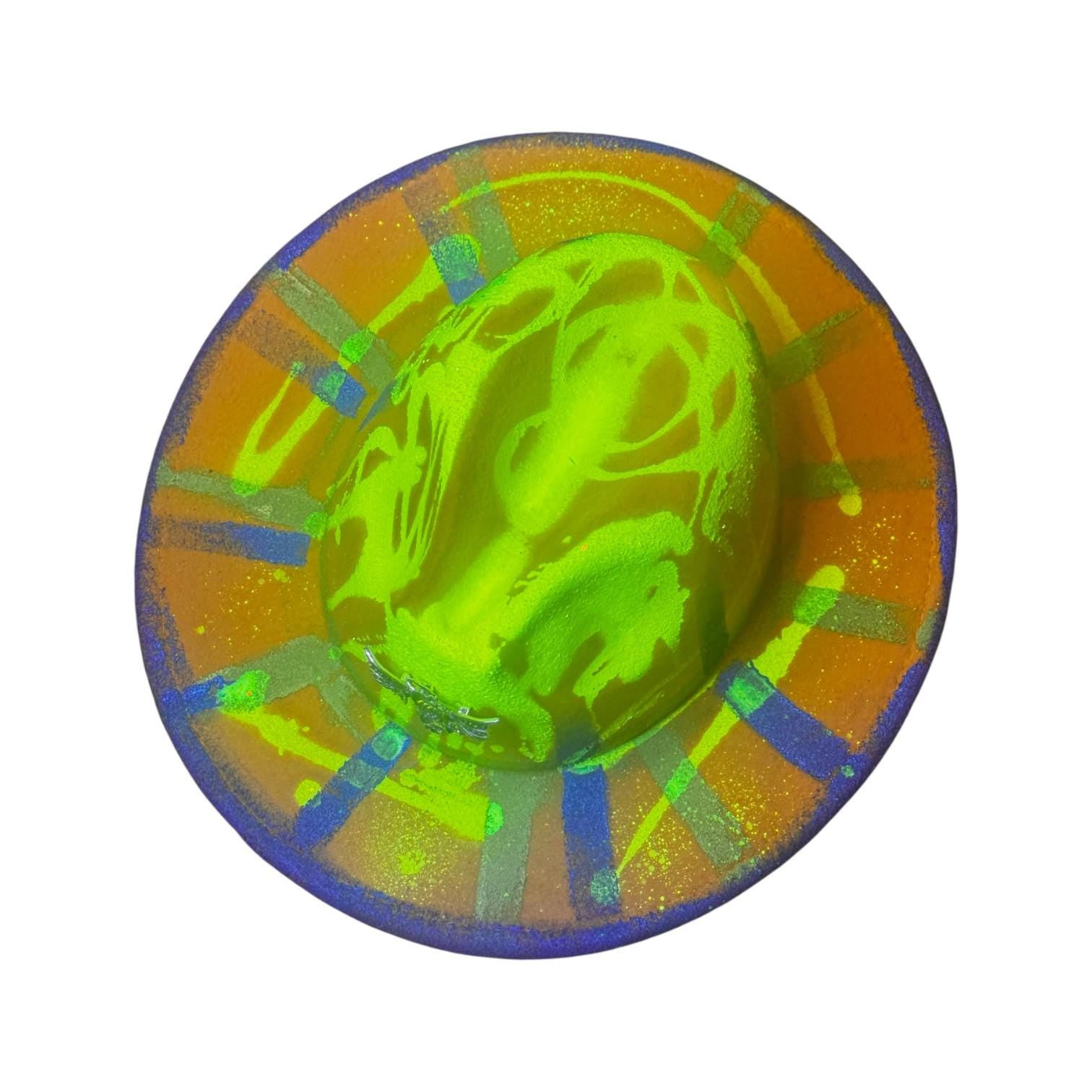 UV Glow Dragon Fedora: Hand-Painted Festival Hat with Brooch Large Brim