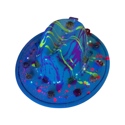 LED Burning Man Hat: Neon Drip, Resin Skulls, Hand-Painted Rave Fashion