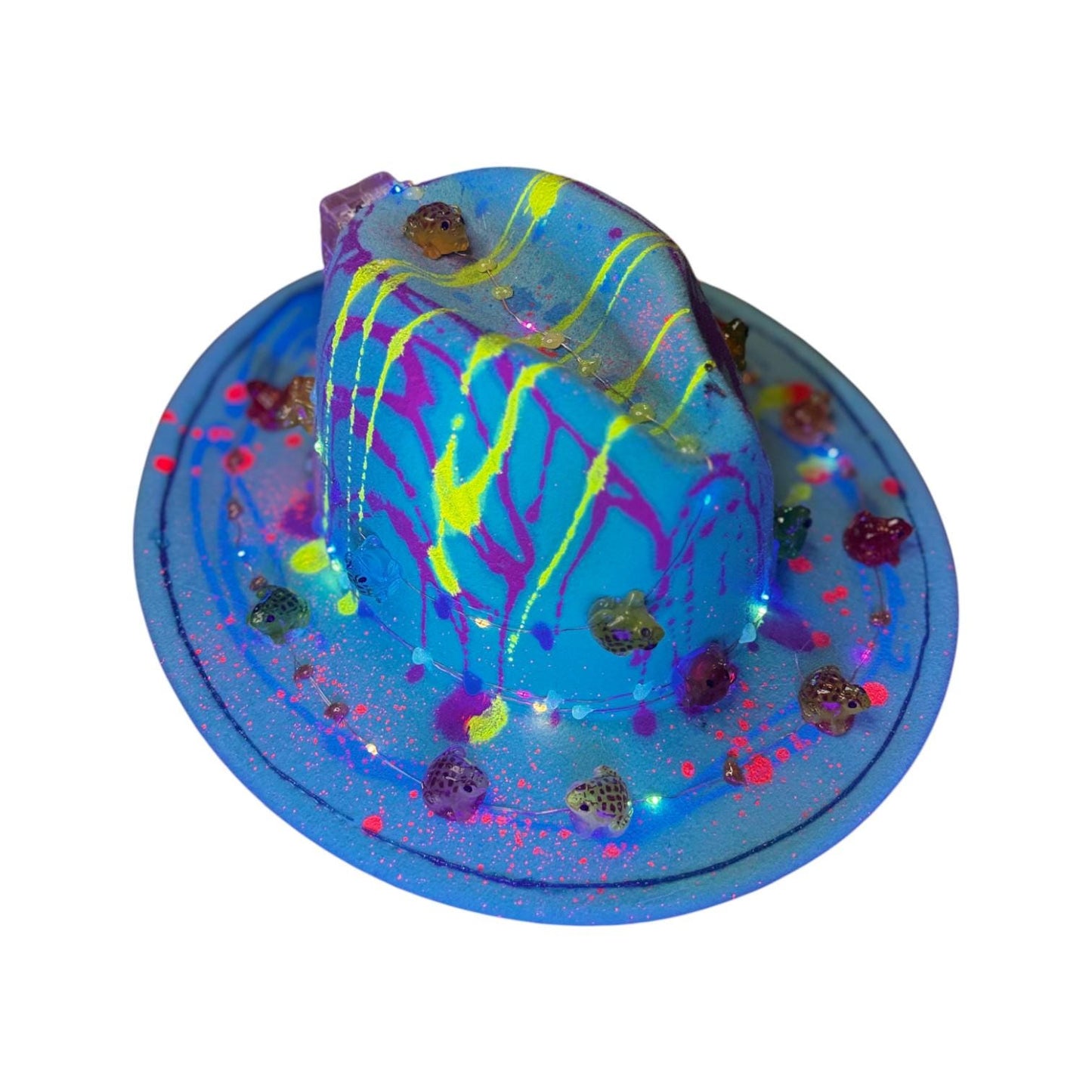 LED Burning Man Hat: Neon Drip, Resin Skulls, Hand-Painted Rave Fashion