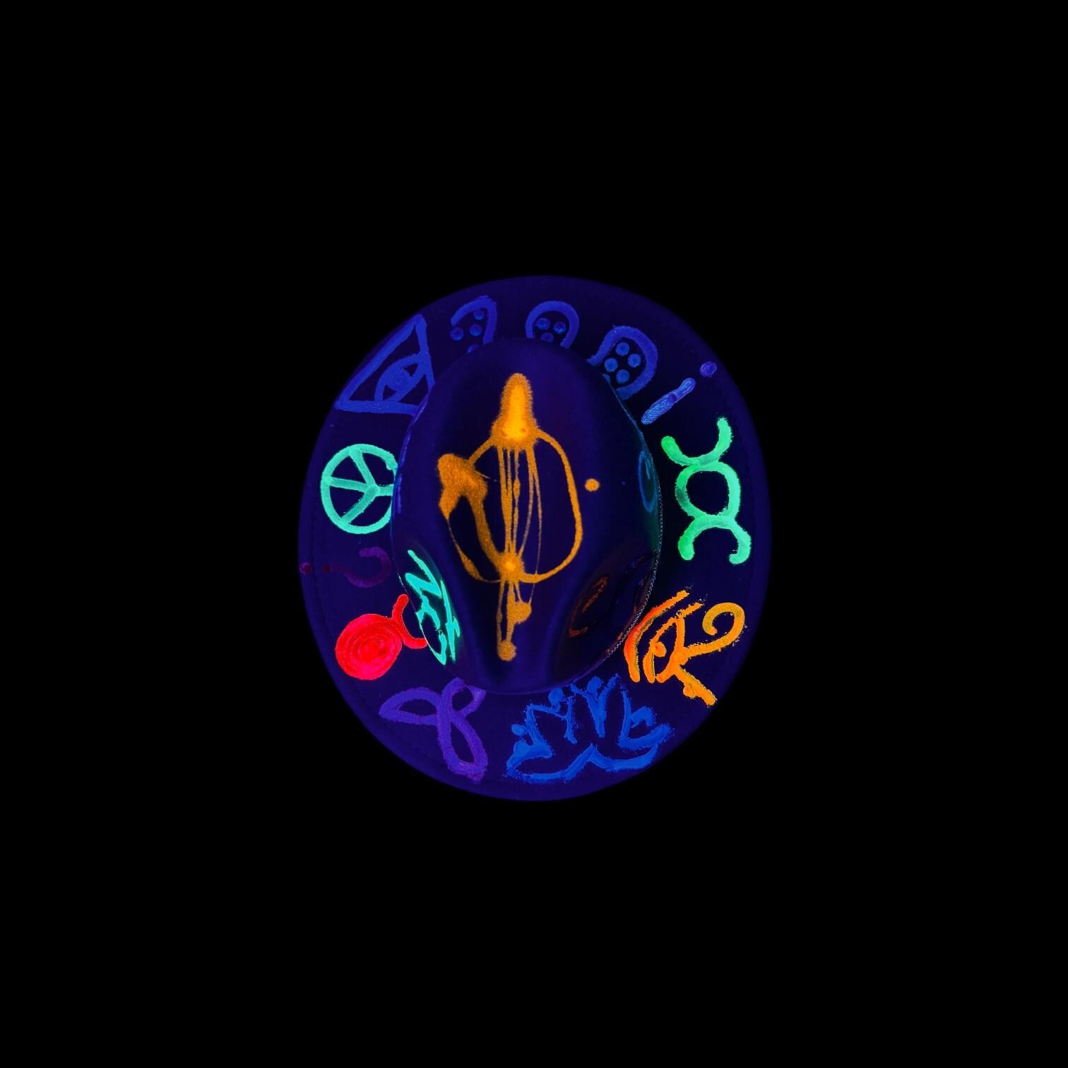 Hand-Painted Glow-in-the-Dark Festival Hat: Psychedelic Burning Man Wearable Art