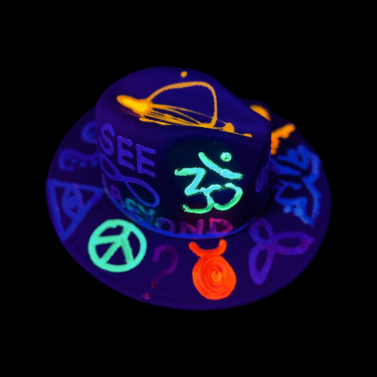Hand-Painted Glow-in-the-Dark Festival Hat: Psychedelic Burning Man Wearable Art