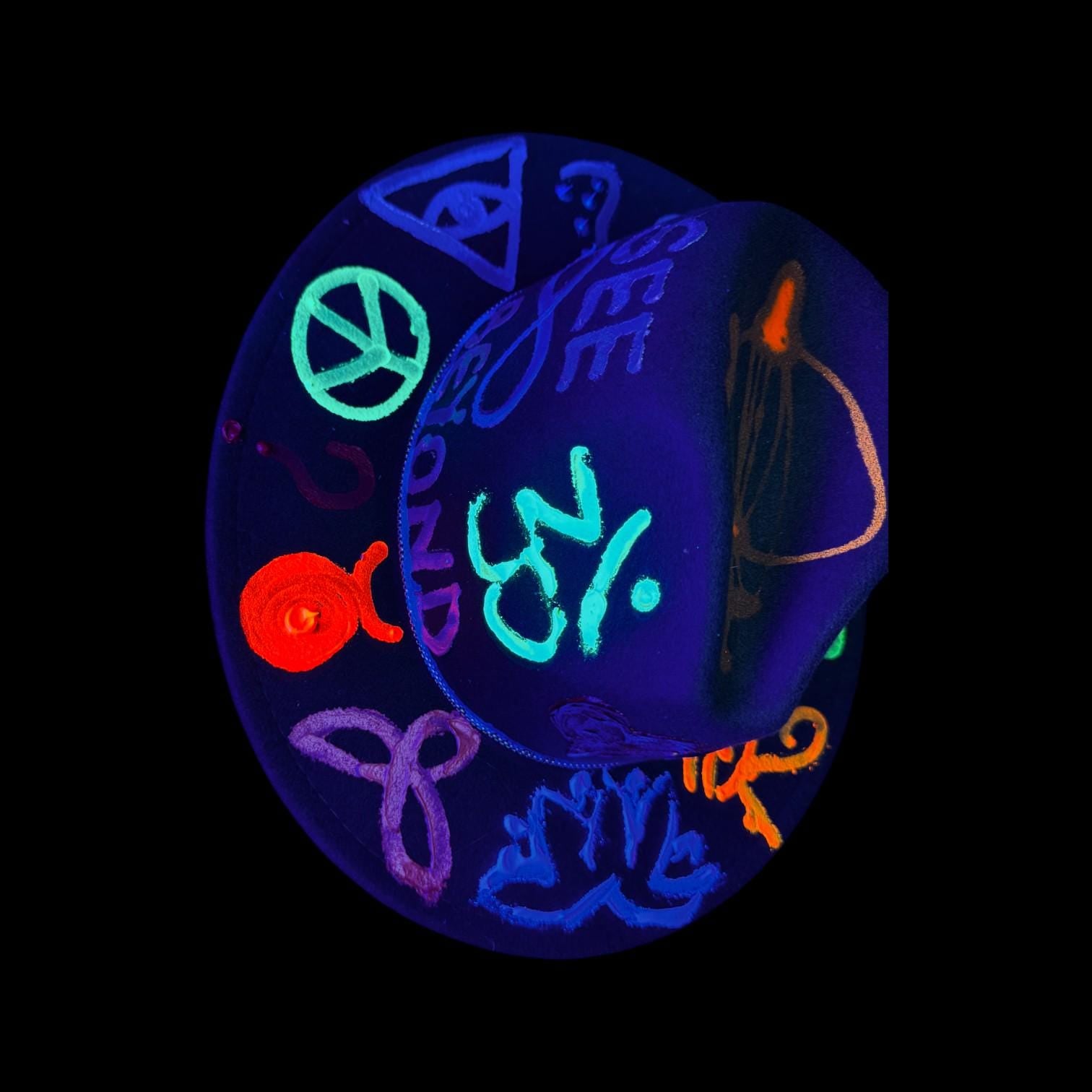 Hand-Painted Glow-in-the-Dark Festival Hat: Psychedelic Burning Man Wearable Art