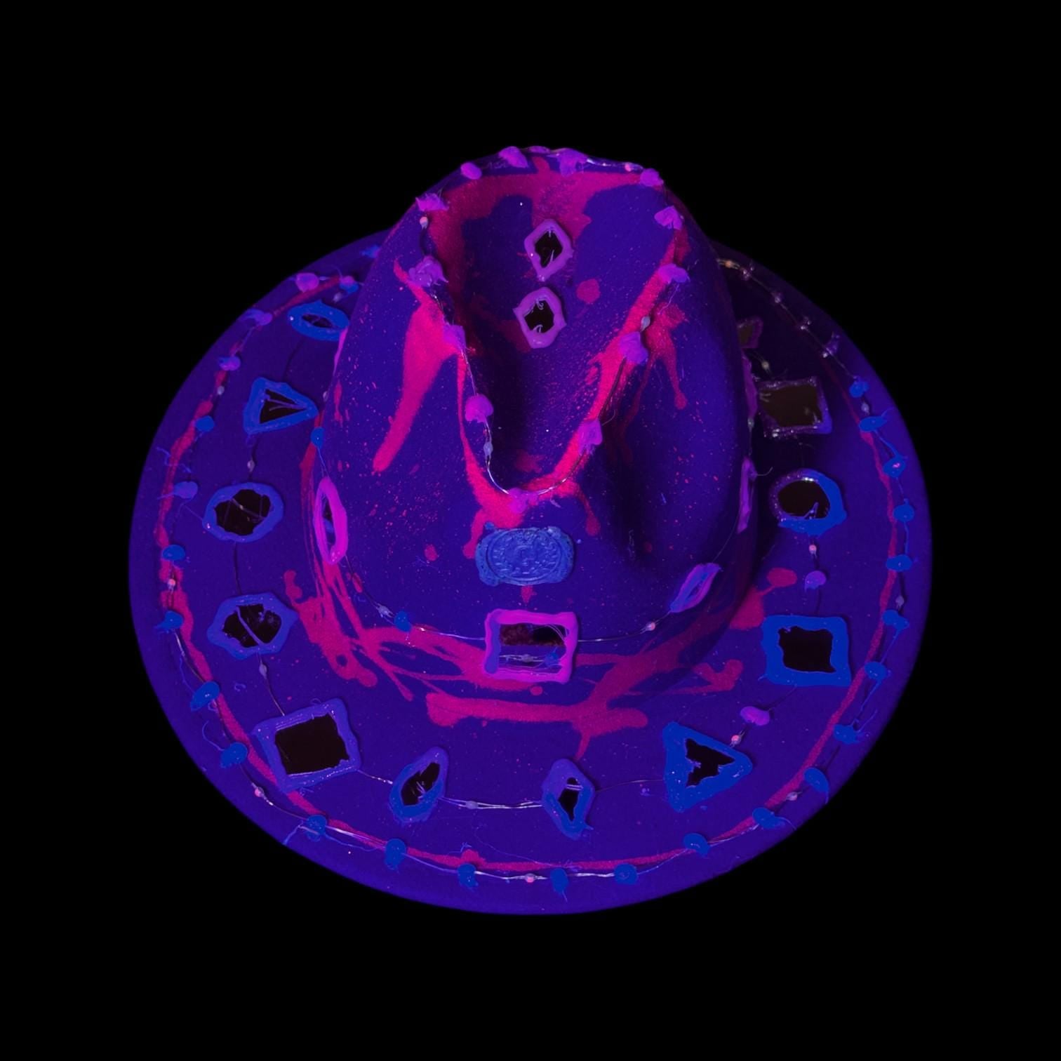 Purple LED Fedora Hat: Hand-Painted Mirror Rave Wear
