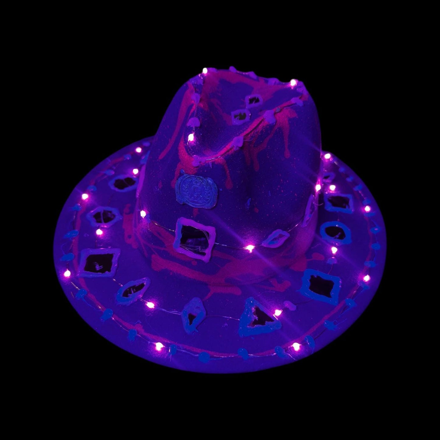 Purple LED Fedora Hat: Hand-Painted Mirror Rave Wear