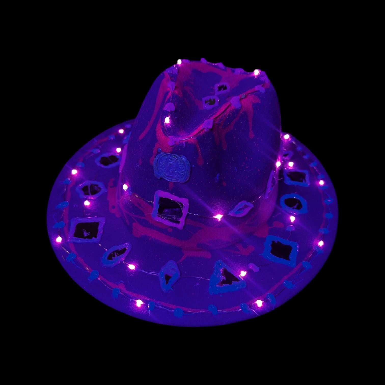 Purple LED Fedora Hat: Hand-Painted Mirror Rave Wear