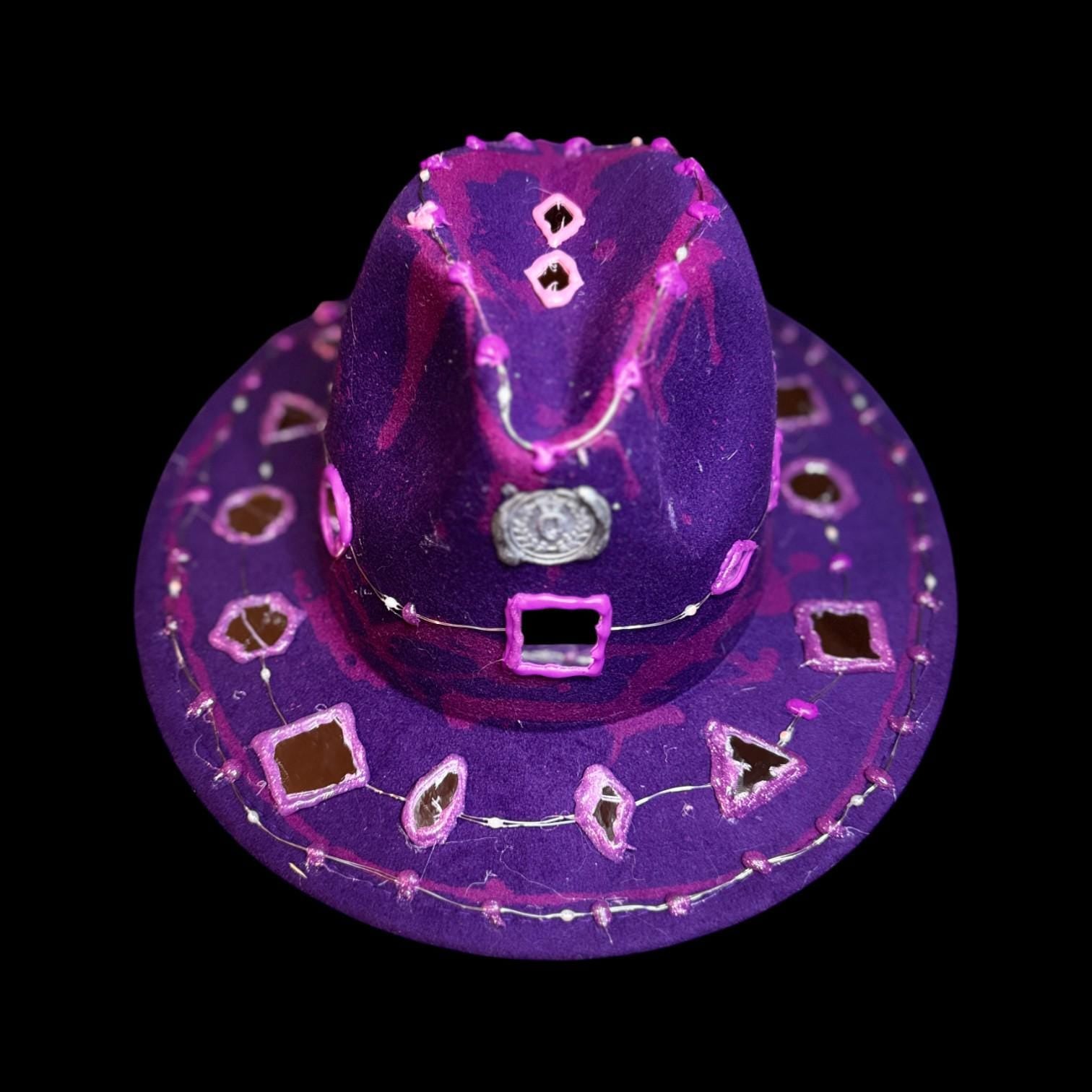 Purple LED Fedora Hat: Hand-Painted Mirror Rave Wear
