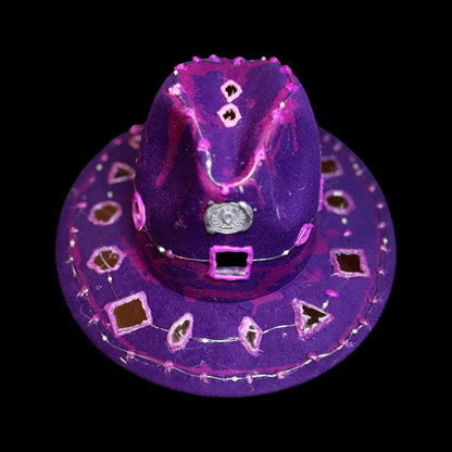 Purple LED Fedora Hat: Hand-Painted Mirror Rave Wear