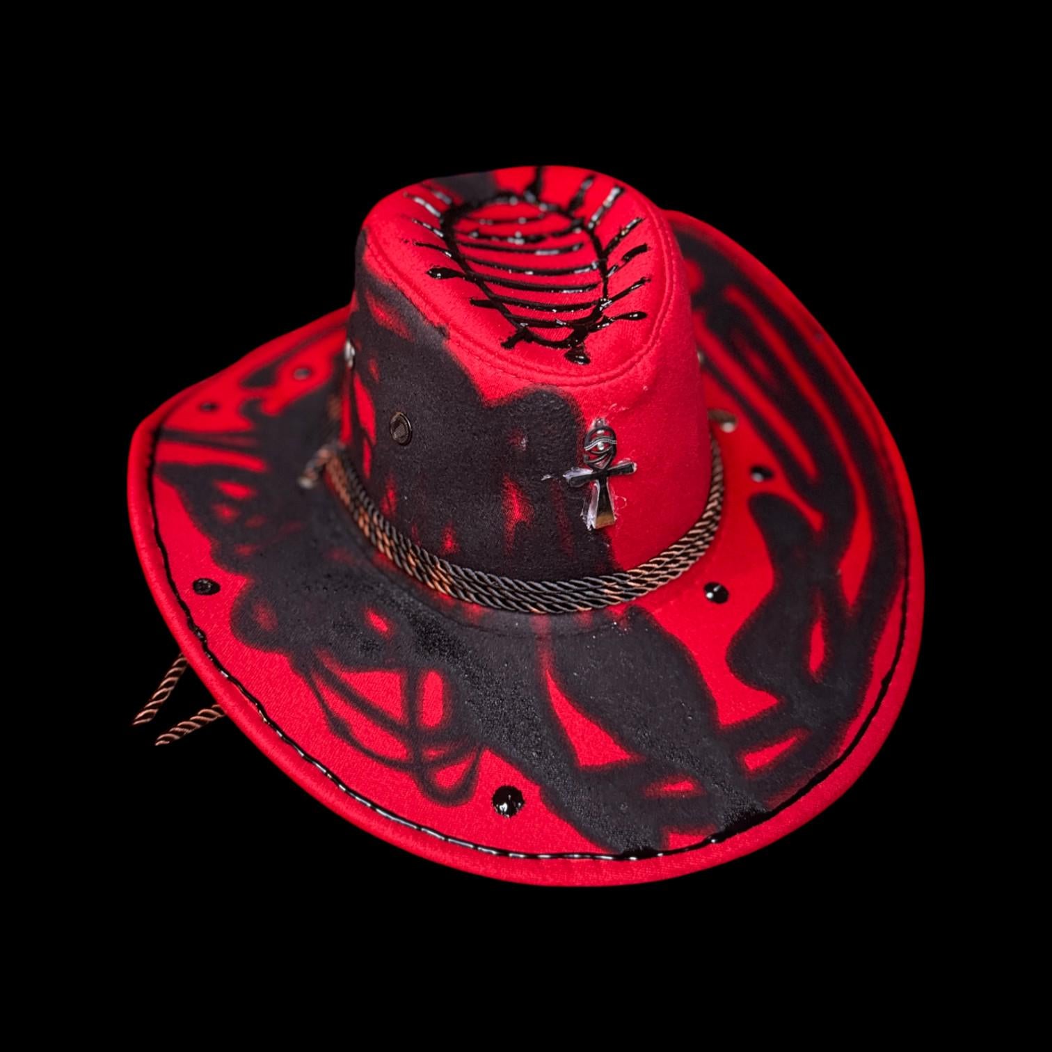 Hand-Painted Ankh Cowboy Hat: Gothic Rave Wearable Art (Size 57)