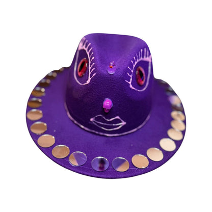 Purple Third Eye Fedora Hat: Iridescent Mirrors, Skull Nose - Festival Art