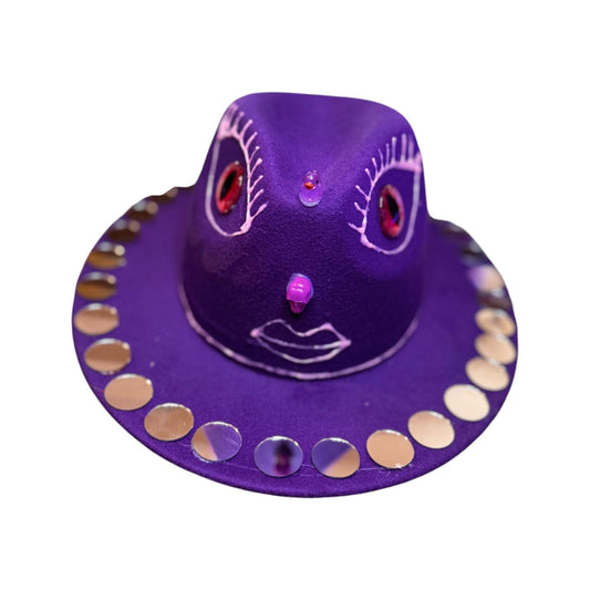 Purple Third Eye Fedora Hat: Iridescent Mirrors, Skull Nose - Festival Art