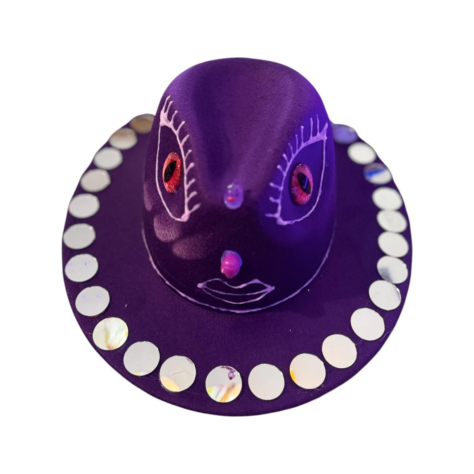 Purple Third Eye Fedora Hat: Iridescent Mirrors, Skull Nose - Festival Art